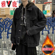 雅鹿牛仔外套男春秋季夾克男士潮流寬松休閑上衣加絨加厚工裝外衣男裝 黑色加絨 XL （建議125-140斤）