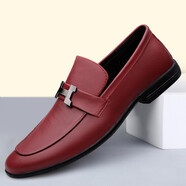 藝佰健真皮正裝商務(wù)皮鞋男士休閑皮鞋頭層牛皮韓版套腳小皮鞋英倫時(shí)尚一腳蹬夏季透氣男鞋子 酒紅 37