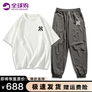 DIDGERIDOO潮牌短袖t袖套裝男女情侶款夏季純棉重磅上衣冰絲休閑褲兩件套裝 白色短袖+太空灰長(zhǎng)褲（NE01） L（建議130-150斤）