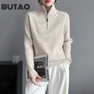 BUTAO立領(lǐng)針織衫女春秋新款半拉鏈內(nèi)搭毛衣純色簡約寬松外套 杏色 XL 【建議120-130斤】