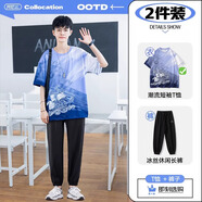 阿尼三青少年夏季冰絲短袖t恤男潮流帥氣2025新款初中高中學(xué)生潮牌半袖 02款紫色+長褲 3XL