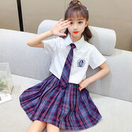 約克兔（YueKeTu）女童jk套裝適合3-12歲小女孩夏天穿的日系簡(jiǎn)約學(xué)院風(fēng)襯衫百褶裙兩 童裝電競少女+皓海白短袖+領(lǐng)帶襪 130