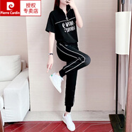 皮爾卡丹（pierre cardin）歐洲站白色運(yùn)動(dòng)套裝女夏季2025年新款薄款洋氣時(shí)尚休閑長(zhǎng)褲兩件裝 黑色 XL碼：建議體重118-128斤