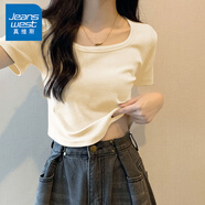 真維斯（JEANSWEST）t恤女士夏季2025新款方領(lǐng)短款緊身短袖女裝休閑時尚甜妹半袖上衣 杏色 純色 M 【螺紋下擺】