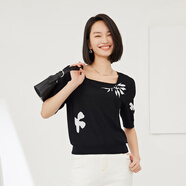普普風(fēng)（FGFEEL）2023夏季女裝新品輕薄剪影泡泡袖復(fù)古提花方領(lǐng)毛針織衫OB3M19921S 黑色 M