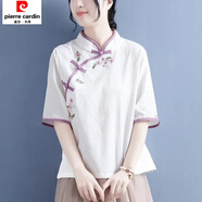 皮爾卡丹2025中國風繡花半袖女盤扣旗袍上衣中式改良夏仿棉麻禪意茶服漢服 白色【單上衣】 2XL 115-125斤內(nèi)