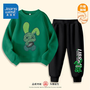 真維斯（Jeanswest）兒童套裝秋冬新款中大童加絨保暖長褲男女童圓領(lǐng)衛(wèi)衣加厚兩件套潮 【加絨套裝】綠黑色（條兔墨鏡） 150