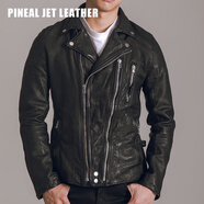 雙拉機車(chē)夾克.男士綿羊皮真皮皮衣水洗做舊斜拉鏈翻領(lǐng)休閑皮夾克 黑色無(wú)鉚釘 XL 135-150斤
