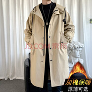 洛夫倫春季新款大衣風(fēng)衣男中長(zhǎng)款大碼寬松休閑潮流男裝過膝大衣連帽外套 卡其色加厚加棉 2XL （適合160-175斤）
