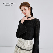 秋水伊人圓領(lǐng)針織衫2026春秋新款女鏤空喇叭袖短款小個(gè)子別致毛衣 黑色 XL