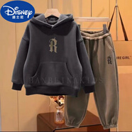 迪士尼（Disney）男童冬裝套裝2024新款中大童秋冬洋氣兒童男孩加絨加厚衛(wèi)衣兩件套 深灰色【加絨兩件套】 130
