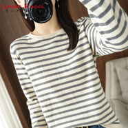 LOVER RUCCI法國純棉秋冬季新款圓領(lǐng)條紋卷邊針織衫女純棉線(xiàn)長(cháng)袖t恤寬松打底 米灰色 M