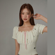 CHUU系帶立體裝飾針織衫女2025夏季新款甜美泡泡袖褶皺修身短毛衣 白色 均碼