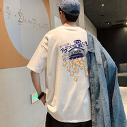 航海日志韓版短袖t恤男學(xué)生夏季原宿bf港風純棉寬松情侶裝半截袖潮流體恤 白色T恤0199 S 160-170CM  90斤-110斤