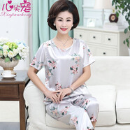 心尖寵中老年人睡衣女夏天短袖媽媽套裝夏季冰絲綢加肥加大碼家居服薄款 銀白-花朵 4XL 女款160-180斤