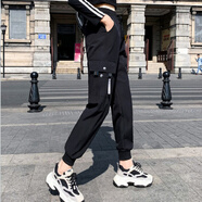 夢史怡運動褲女束腳褲子女2021新款ins女原宿風工裝褲女學生百搭潮 1003黑色【滑料】 L 建議110-125斤