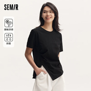 森馬[涼感T]短袖T恤女抑菌小心機不規則24夏季個(gè)性純色上衣 黑色90001 150/76A/XS