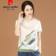 皮爾卡丹（pierre cardin）官方高端韓潮襲人連帽文藝印花短袖雪紡衫恤2025夏新款遮肚子休閑 品牌旗艦小鹿白 M