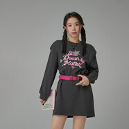 CHUU寬松直筒連衣裙女2025夏季新品個(gè)性印花洋氣減齡中長(cháng)衛衣裙 黑灰 均碼