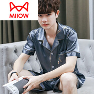 貓人（MiiOW）男士睡衣夏季夏款絲綢真絲家居服短袖短褲夏天可外穿男款大碼套裝 雙短男士魅影流星 XL (130-150斤)