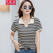 瓦塔諾（WA TA NUO）時(shí)尚條紋翻領(lǐng)短袖T恤衫女裝上衣春夏裝女生學(xué)院衣服休閑百搭體恤 黑色條紋 M(95-105斤)