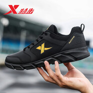 特步男鞋跑步鞋新款夏季厚底旅游透氣輕便皮網(wǎng)面休閑運動(dòng)鞋慢跑鞋子男 黑金-(皮面) 42