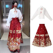 閃動(dòng)少女大碼胖mm漢服套裝女新中式刺繡飛機(jī)袖緞面通勤馬面裙兩件套200斤 上衣+馬面裙 2XL 建議【140-160斤】