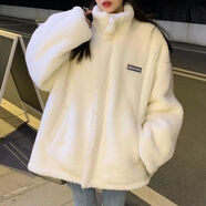 賢語港風(fēng)兩面穿棉服女ins潮冬季韓版加厚BF工裝棉衣羊羔毛絨夾克外套 白色 雙面穿 L
