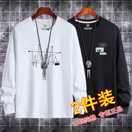 歐郎格 長袖t恤男士潮流春秋裝秋衣T恤體恤內(nèi)搭上衣服新款 【純棉1】點(diǎn)線白+小狗黑 L建議120-135斤