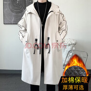 洛夫倫（加絨加厚可選）中長(cháng)款風(fēng)衣男大衣寬松潮牌大碼帥氣青少年外套男 F997米白色加絨加厚 3XL （適合175-210斤）