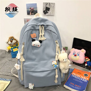 楓緹書(shū)包小學(xué)生初中大容量輕便背包高中大學(xué)生高顏值百搭簡(jiǎn)約風(fēng)雙肩包 藍色【升級版加厚面料】 包+徽章+小熊頭+腮紅小熊掛件