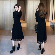 忻依美蕾絲針織連衣裙女中長(cháng)款2025春秋新款過(guò)膝修身氣質(zhì)黑色顯瘦打底裙 黑色 XL (115-125斤)