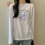 詩蘭倫薩長袖T恤女韓版ins百搭打底衫女純棉秋衣寬松中長款圓領學生上衣 H124*白色 M （90-105斤）