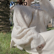 潮牌Avmko毛衣新款馬海毛毛衣女韓版寬松百搭顯瘦套頭長袖慵懶風(fēng)圓領(lǐng)鏤空薄款針織衫 奶米白 均碼