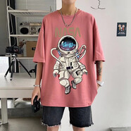 嘉曄潮牌短袖T恤男宇航員T恤男青少年學生T恤男五分袖短袖夏季短袖男 T595 宇航員粉色 XL 115-130