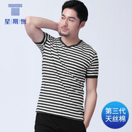 星期悅 ?；晟滥卸绦?天絲棉復(fù)古條紋V領(lǐng)?；晟老募厩閭H裝體恤國貨 黑色男款 男180/XL