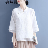 安婭詩(shī)襯衫女夏季斜襟盤(pán)扣雙層棉麻薄款女裝上衣中國風(fēng)復古文藝刺繡七分袖寬松民族風(fēng)氣質(zhì)襯衣 白色 均碼
