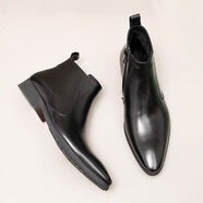 簡(jiǎn)·美惠切爾西靴男頭層牛皮商務(wù)馬丁靴高幫皮鞋手工加絨英倫尖頭短皮靴潮 黑色加絨 37