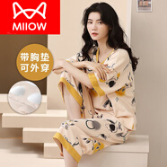 貓人（MiiOW）帶胸墊睡衣女夏款純棉短袖七分褲夏季胖MM大碼免穿文胸家居服套裝 F-5903 帶胸墊 L 【95-115斤】