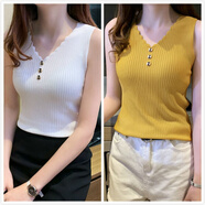 嫻妃【2件裝】冰絲針織打底衫女裝夏季v領(lǐng)吊帶背心無(wú)袖上衣外穿女