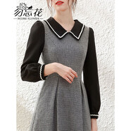 勿忘花秋冬連衣裙女新款羊毛時(shí)尚氣質(zhì)娃娃領(lǐng)高腰顯瘦裙子 黑色 S