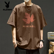 花花公子（PLAYBOY）純棉短袖t恤男ins潮牌日系港風(fēng)復(fù)古高街重磅夏裝寬松潮流帥氣美式 中咖短袖T恤(楓葉) L(適合110-130斤)