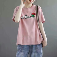 纖蕓沐（XIANYMU）純棉短袖t恤女寬松新款夏裝常規(guī)圓領(lǐng)男女同款情侶裝體恤短袖女 粉色（A玫瑰） XL 建議115-130斤