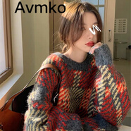 潮牌Avmko毛衣新款秋冬套頭網(wǎng)紅格子針織衫慵懶風馬海毛彩虹毛衣女寬松顯瘦外穿外套 灰桔色 S