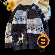 魯賓克毛衣男秋冬季加厚寬松套頭圓領(lǐng)針織衫加絨毛線(xiàn)衣外套保暖打底衫男 A316深藍色圓領(lǐng)加絨 2XL (建議體重145-160斤)