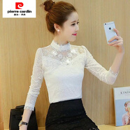 皮爾卡丹（pierre cardin）2024新款春夏秋蕾絲打底衫女加絨保暖洋氣小衫蕾絲上衣長(cháng)袖t恤冬 886白色 薄款 M 建議80-95斤