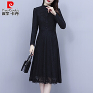 皮爾卡丹（pierre cardin）秋冬季加絨加厚蕾絲連衣裙2025新款女?huà)寶赓|(zhì)冬天配大.衣打底裙子 黑色 (不加絨) XL (建議115-124斤)