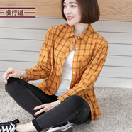 橫行道長(cháng)袖格子休閑襯衫韓版女裝襯衣中年裝外套春季純棉女裝 黃格 L