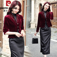 皮爾卡丹（pierre cardin）旗袍外搭開(kāi)衫春秋款2025年新款金絲絨小披肩女高貴短款小西裝外套 酒紅色 L