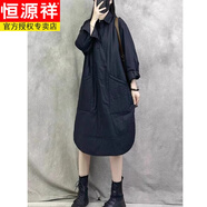 恒源祥大尺碼女裝2024新款秋冬裝復(fù)古休閑風(fēng)加厚夾棉保暖連衣裙外穿襯衫 黑色 XL 【建議140-180斤】